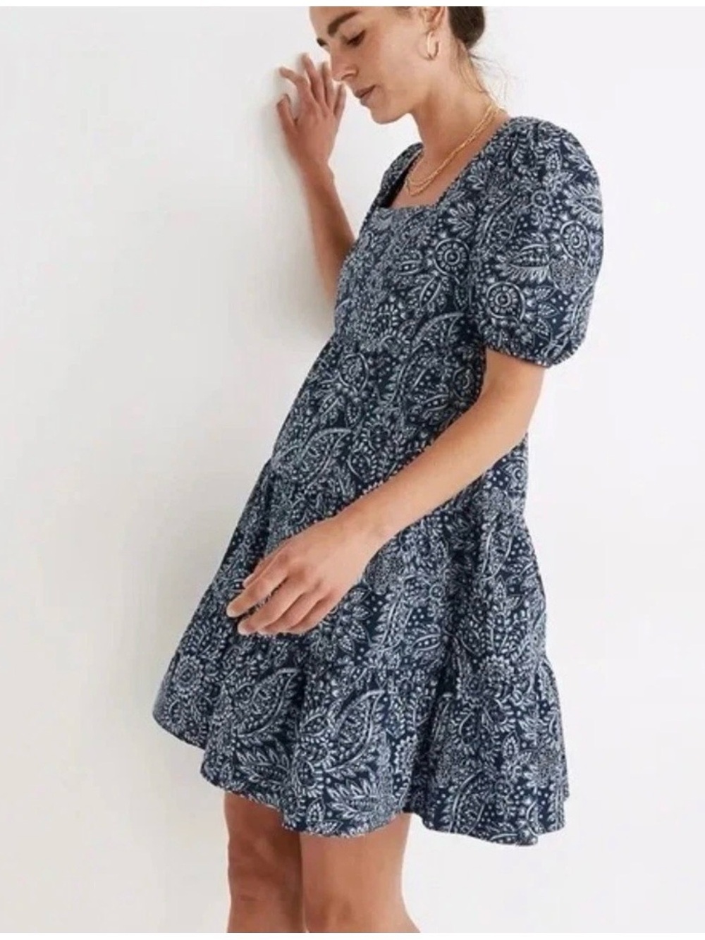 Madewell Blue Poplin Cotton Puff Sleeve Tiered Mini Babydoll Dress Women’s US 4 - Picture 2 of 14